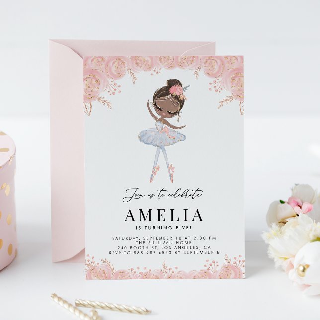 Invitación Ballerina negra en cumpleaños floral de vestimenta (Subido por el creador)