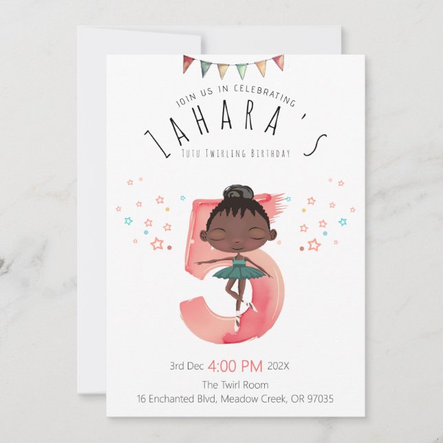 Invitación Ballerina negra radiante 5 cumpleaños (Anverso)