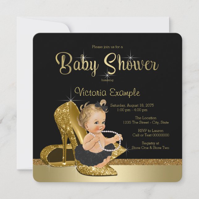 Invitación Ballerina Pearls Black Gold Shoe Baby Shower (Anverso)