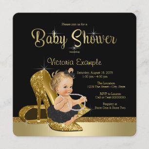 Invitación Ballerina Perlas Negro Zapatos Dorados Baby Shower