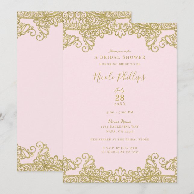 Invitación Ballerina Pink & Gold Lace Elegante Ducha Bridal (Anverso / Reverso)