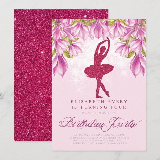 Invitación Ballerina Pink Purpurina Cumpleaños (Anverso / Reverso)