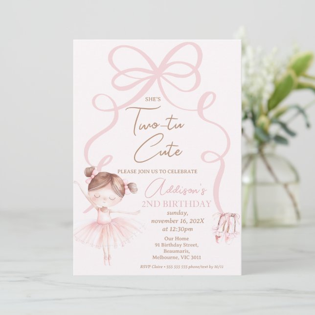 Invitación Ballerina Pink Two Tu Cute Segundo Cumpleaños (Anverso de pie)