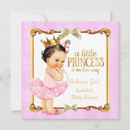 Invitación Ballerina Princess Baby Shower Pink Gold Brunette