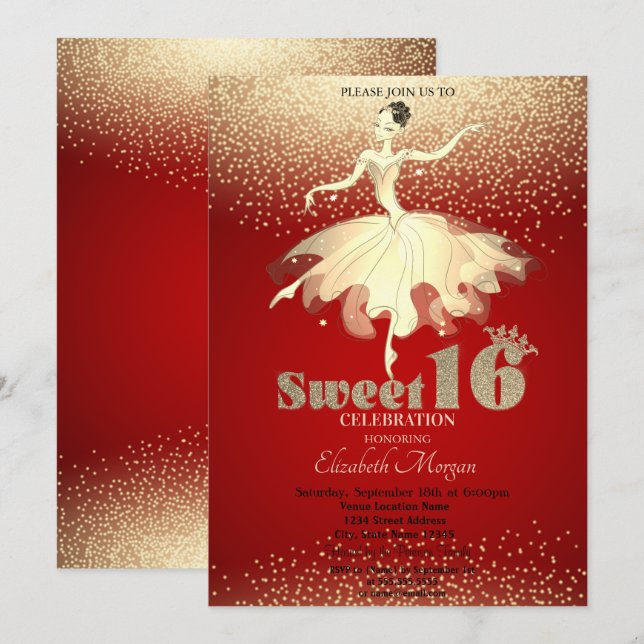 Invitación Ballerina, Purpurina de Confetti de oro, dulce roj (Anverso / Reverso)