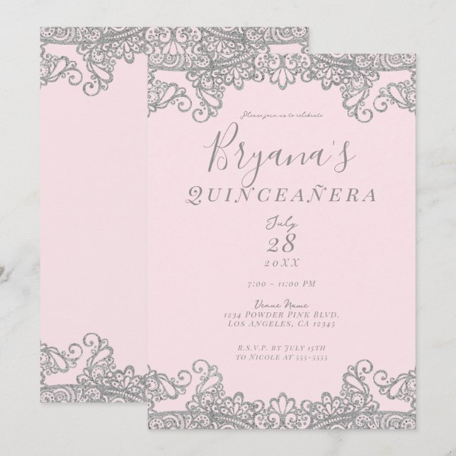 Invitación Ballerina Purpurina de Plata Rosa Lace Quinceañera (Anverso / Reverso)