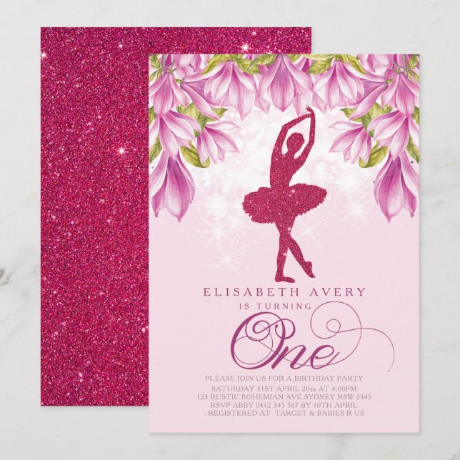 Invitación Ballerina Purpurina Rosa Primer Cumpleaños (Anverso / Reverso)