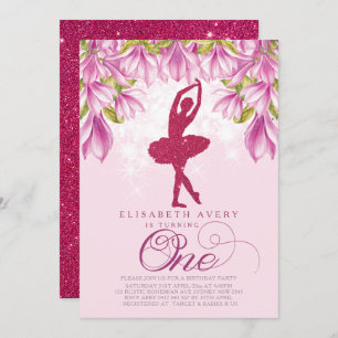 Invitación Ballerina Purpurina Rosa Primer Cumpleaños