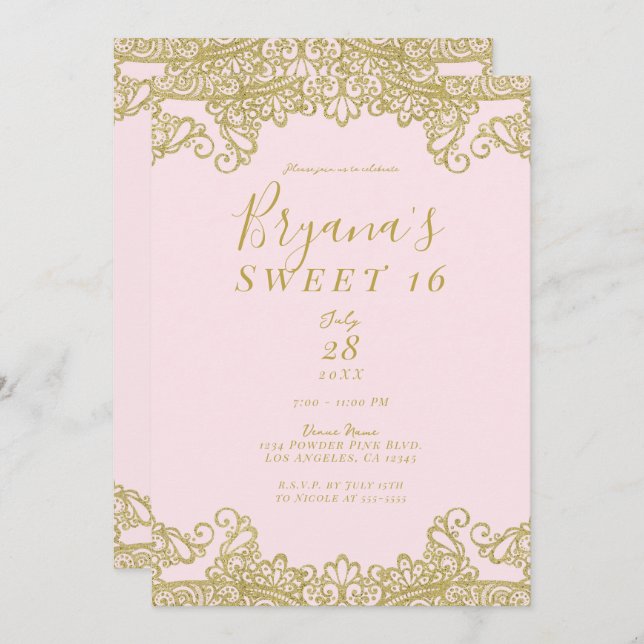 Invitación Ballerina Purpurina Rosa y Oro Lace Sweet 16 Fiest (Anverso / Reverso)