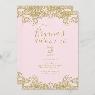 Invitación Ballerina Purpurina Rosa y Oro Lace Sweet 16 Fiest