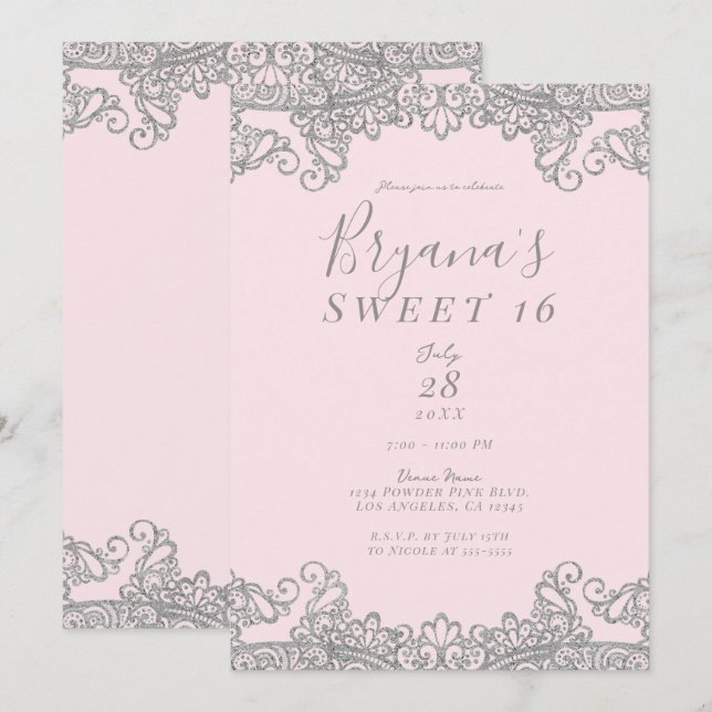 Invitación Ballerina Purpurina rosada  Lace Sweet 16 Fiesta (Anverso / Reverso)