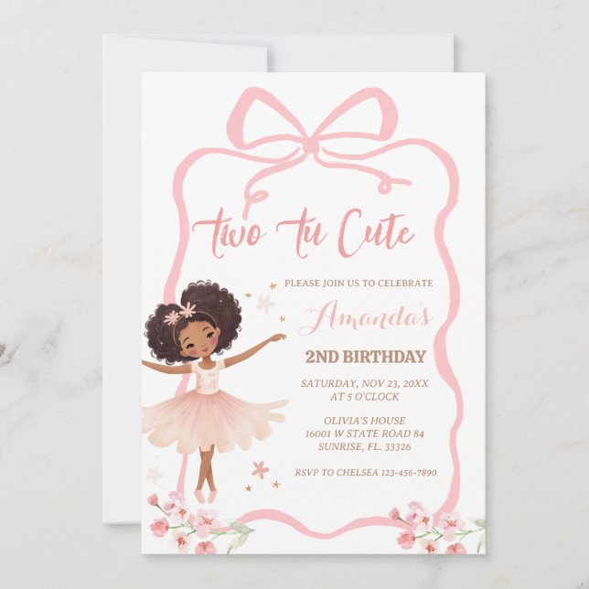 Invitación Ballerina rosa africana dos tu cute segundo cumple (Anverso)