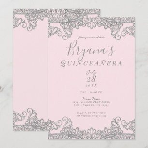 Invitación Ballerina Rosa Brillo de Plata Encaje Quinceañera 