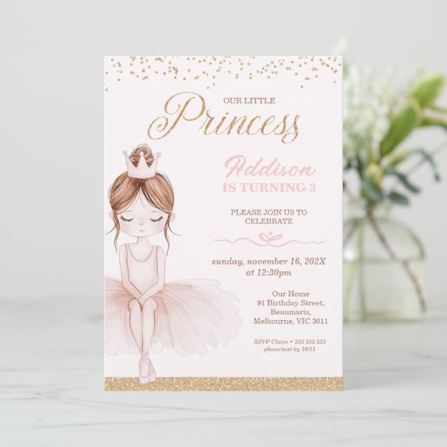 Invitación Ballerina Rosa de Whimsical Little Princess Birday (Anverso de pie)
