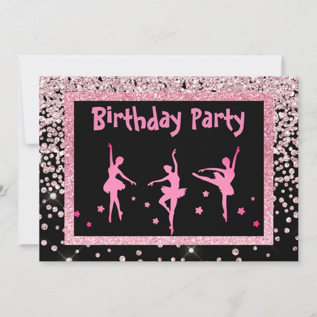 Invitación Ballerina Rosa Negra Sparkle Niños Cumpleaños (Anverso)