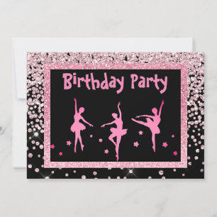 Invitación Ballerina Rosa Negra Sparkle Niños Cumpleaños