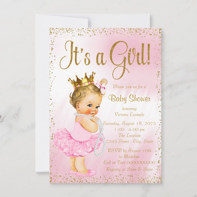 Invitación Ballerina rosa y dorada Tutu Pearl Baby Shower (Anverso)