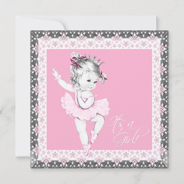 Invitación Ballerina rosa y gris bebé ducha (Anverso)