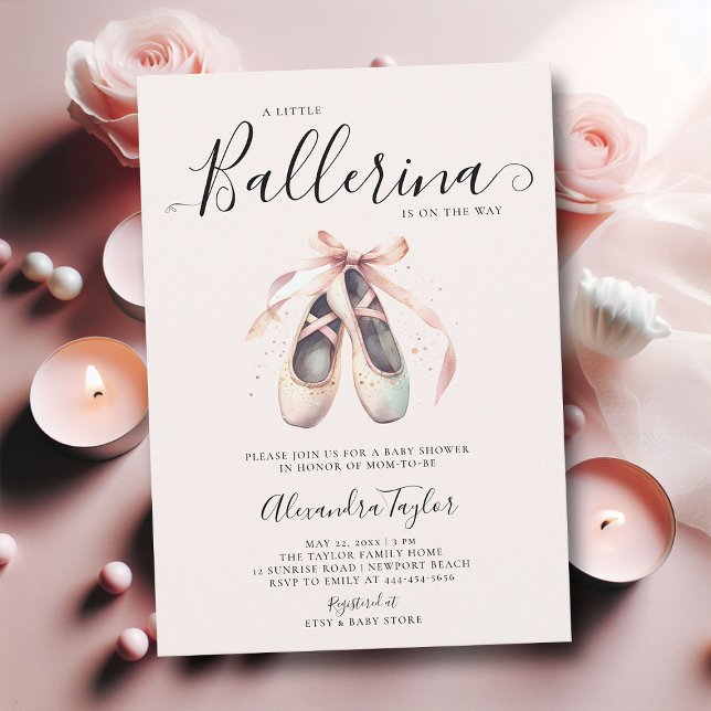Invitación Ballerina Shoes Pink Bow Gold Baby Shower (little ballerina baby girl shower invitation pink gold ballet shoes watercolor cute adorable)