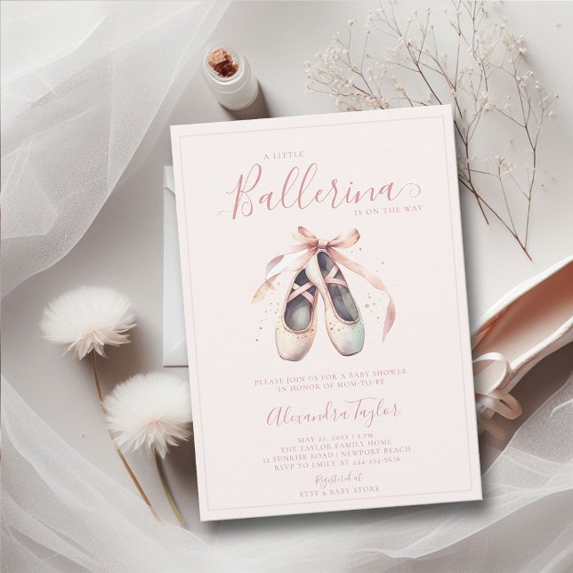 Invitación Ballerina Shoes Pink Rubor Gold Baby Shower (little ballerina baby girl shower invitation pink blush gold ballet shoes watercolor cute adorable)