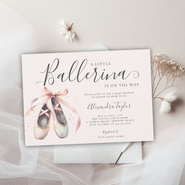 Invitación Ballerina Shoes Ribbons Oro Rosa Niña Ducha (little ballerina baby girl shower invitation pink blush gold bow ballet shoes watercolor cute girly)