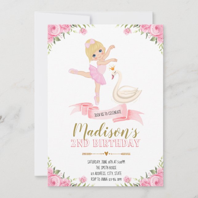 Invitación Ballerina swan Tutu linda fiesta de cumpleaños (Anverso)