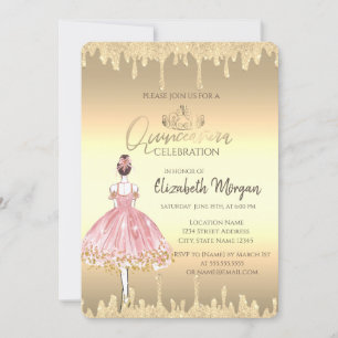 Invitación Ballerina, Tiara, Purpurina Dris de Oro Quinceañer