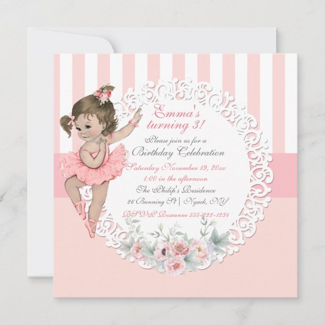 Invitación Ballerina Tutu Ballet Rayas Blancas Rosa Lace (Anverso)