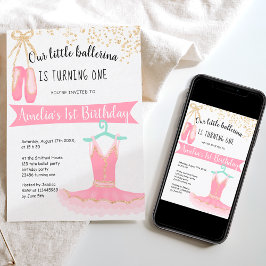 Invitación ballerina tutu Gold glitter confetti 1st birthday