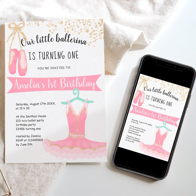 Invitación ballerina tutu Gold glitter confetti 1st birthday (Subido por el creador)