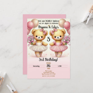 Invitación Ballerina Twinkle Toes Twin Bears Birday Party