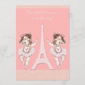 Invitación Ballerina Twins Eiffel Tower Chevrons Baby Shower