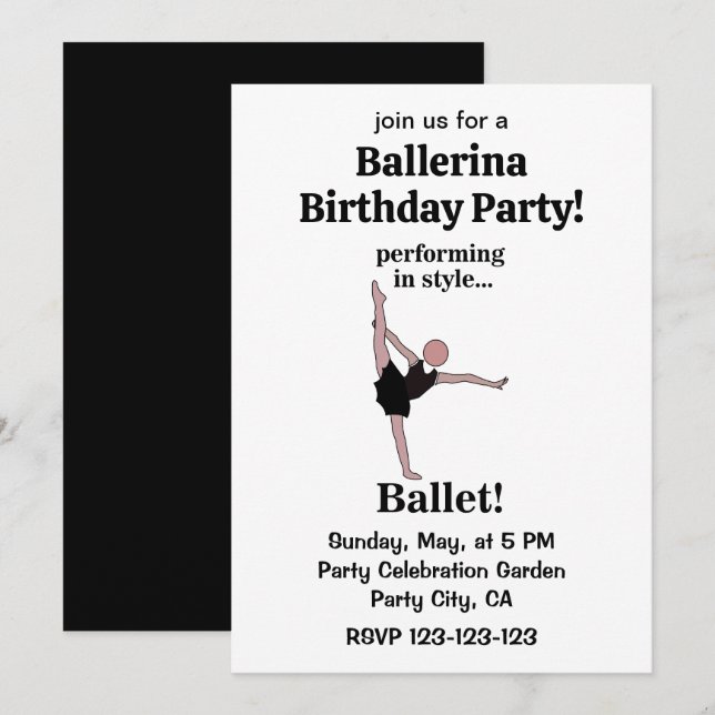 Invitación Ballet actuando con estilo Cumpleaños de bailarina (Anverso / Reverso)