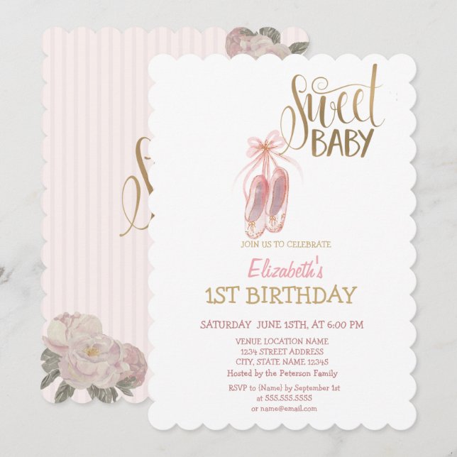 Invitación Ballet acuarela Zapatos Cumpleaños striping (Anverso / Reverso)