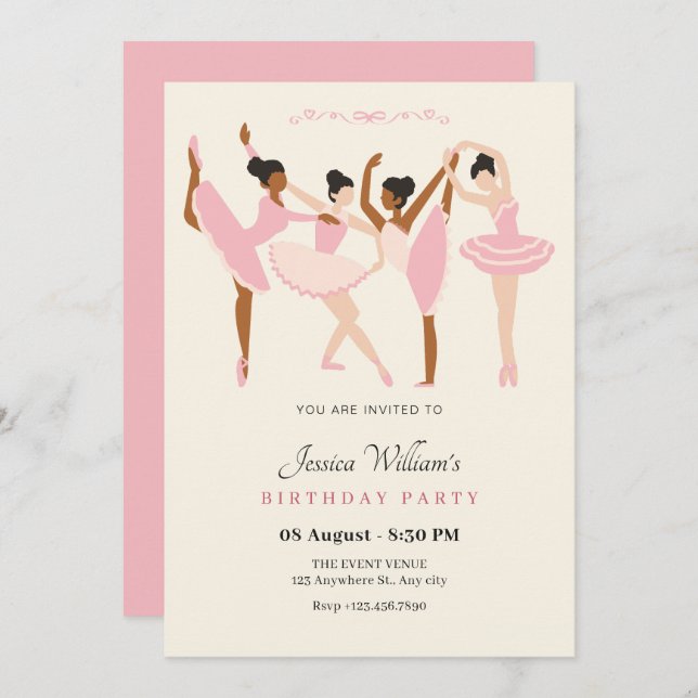 Invitación Ballet Bailarina elegante cumpleaños (Anverso / Reverso)