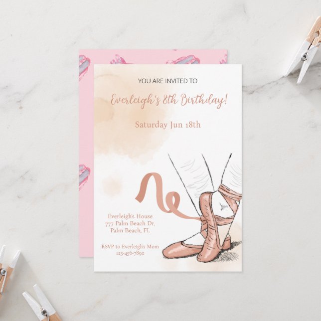 Invitación Ballet Ballerina Rosa Cumpleaños Rosa (Anverso/Reverso In Situ)
