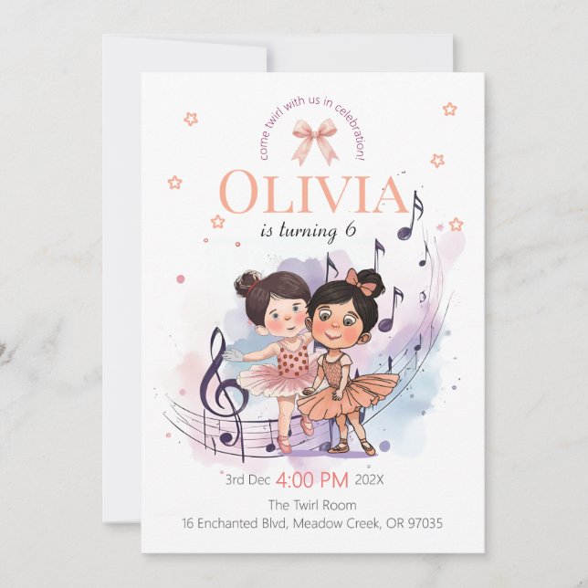 Invitación Ballet Birthday Invite – Twirl Party Theme (Anverso)