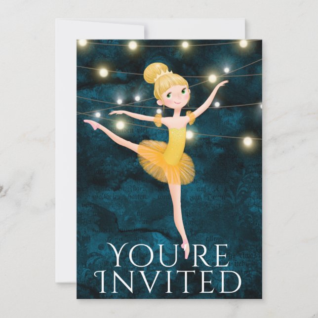 Invitación Ballet Blue and Yellow Blond Ballerina Cumpleaños (Anverso)