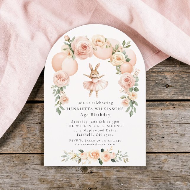 Invitación Ballet Bunny Peach Floral Arch Birthday (Subido por el creador)