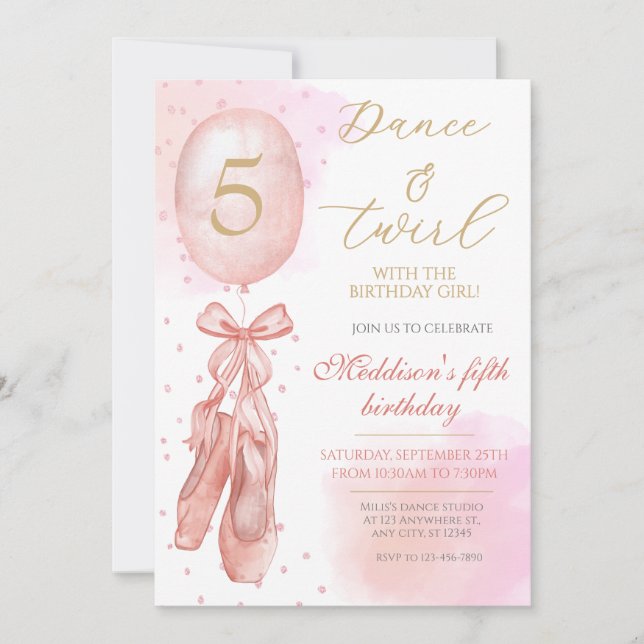 Invitación Ballet chica Rosa Dance y Twirl Zapatos Cumpleaños (Anverso)