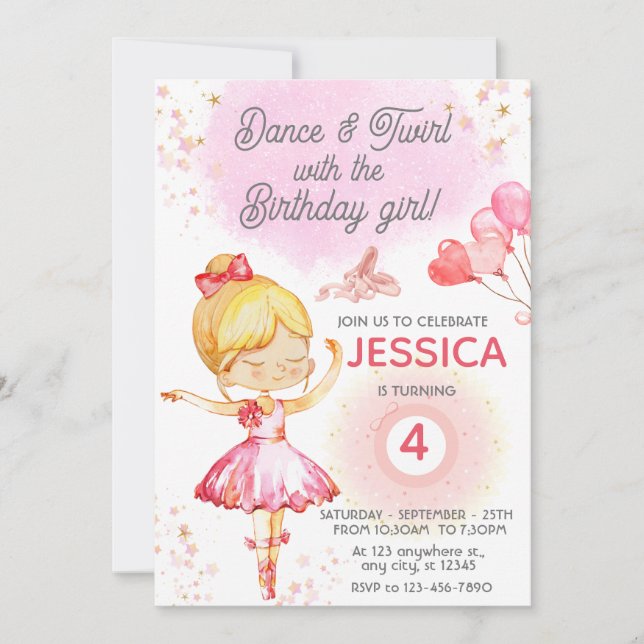 Invitación Ballet de cumpleaños de Blonde Ballerina chica (Anverso)