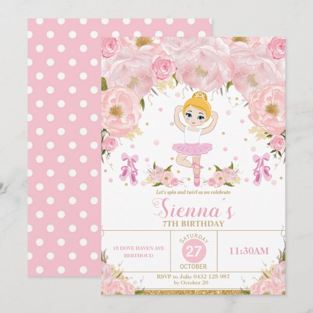 Invitación Ballet Floral Rosa Ballerina Cumpleaños Tutu Balle (Anverso / Reverso)