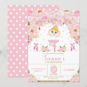 Invitación Ballet Floral Rosa Ballerina Cumpleaños Tutu Balle