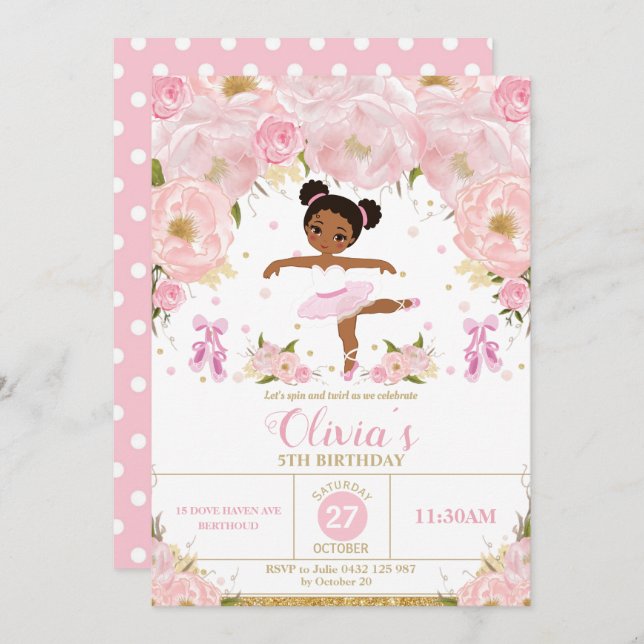 Invitación Ballet Floral Rosa Ballerina Cumpleaños Tutu Balle (Anverso / Reverso)