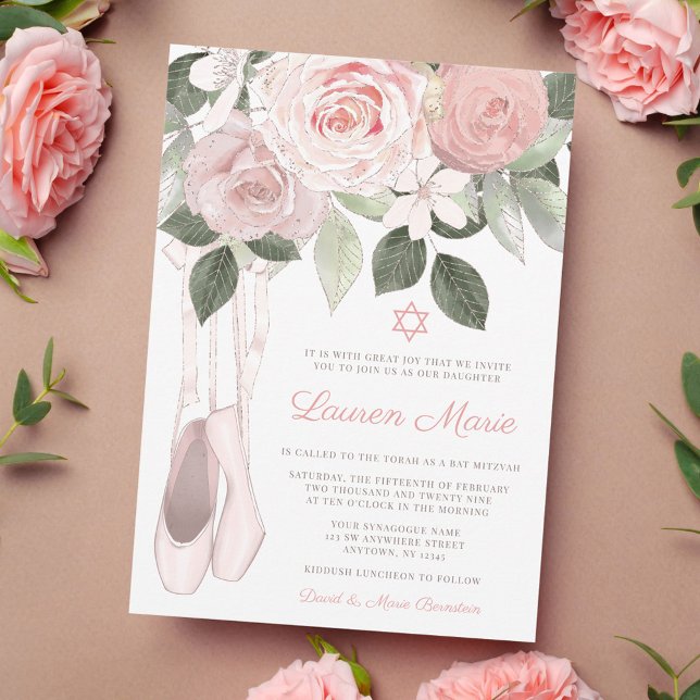 Invitación Ballet floral rosa Bat Mitzvah (Subido por el creador)