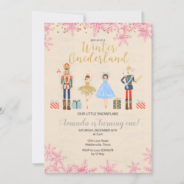 Invitación Ballet Nutcracker invierno de cumpleaños rosa (Anverso)