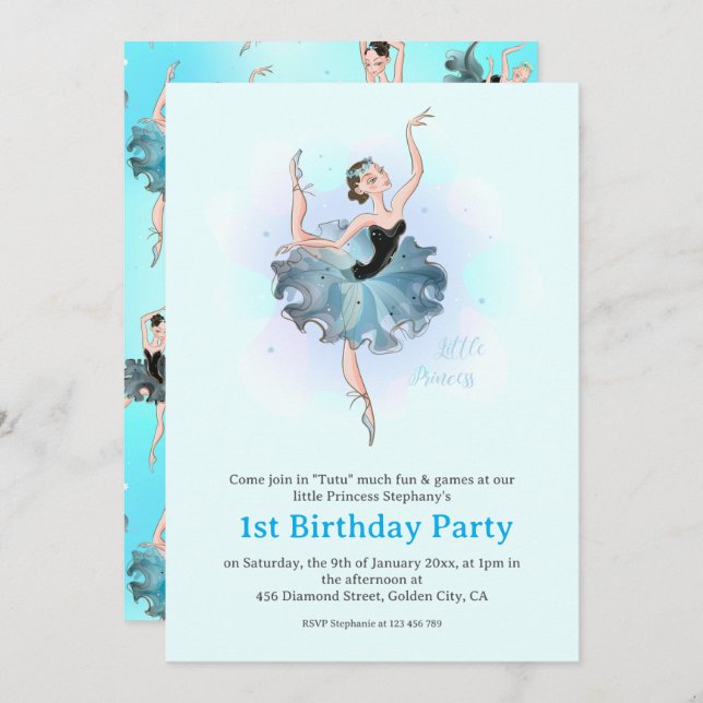 Invitación Ballet Princess 1st Birthday Pastel Illustration (Anverso / Reverso)