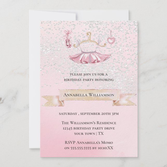 Invitación Ballet Purpurina Rosa Shoes y fiesta de cumpleaños (Anverso)