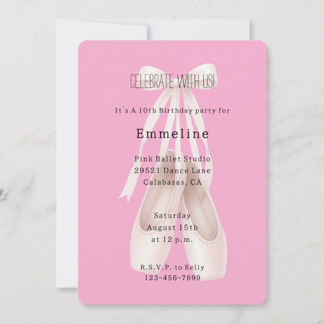 Invitación Ballet Rosa Girly Shoes Bow Cumpleaños (Anverso)