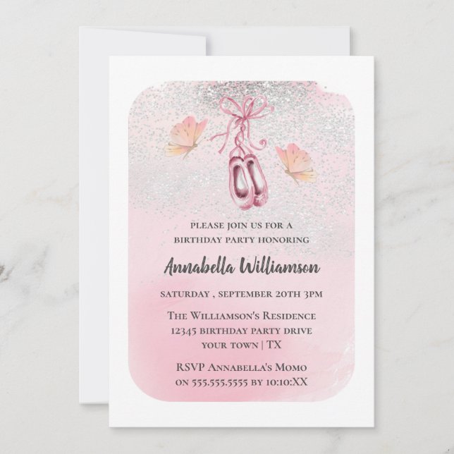 Invitación Ballet rosa zapatillas y fiesta de cumpleaños de m (Anverso)
